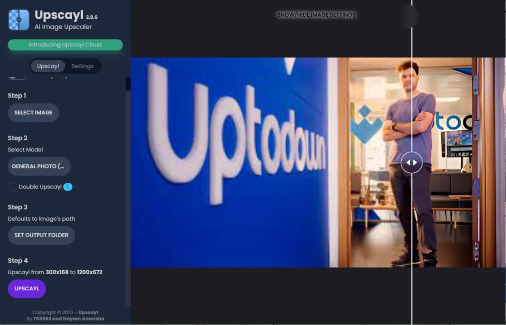 Upscayl before and after comparison slider showing upscaled image quality