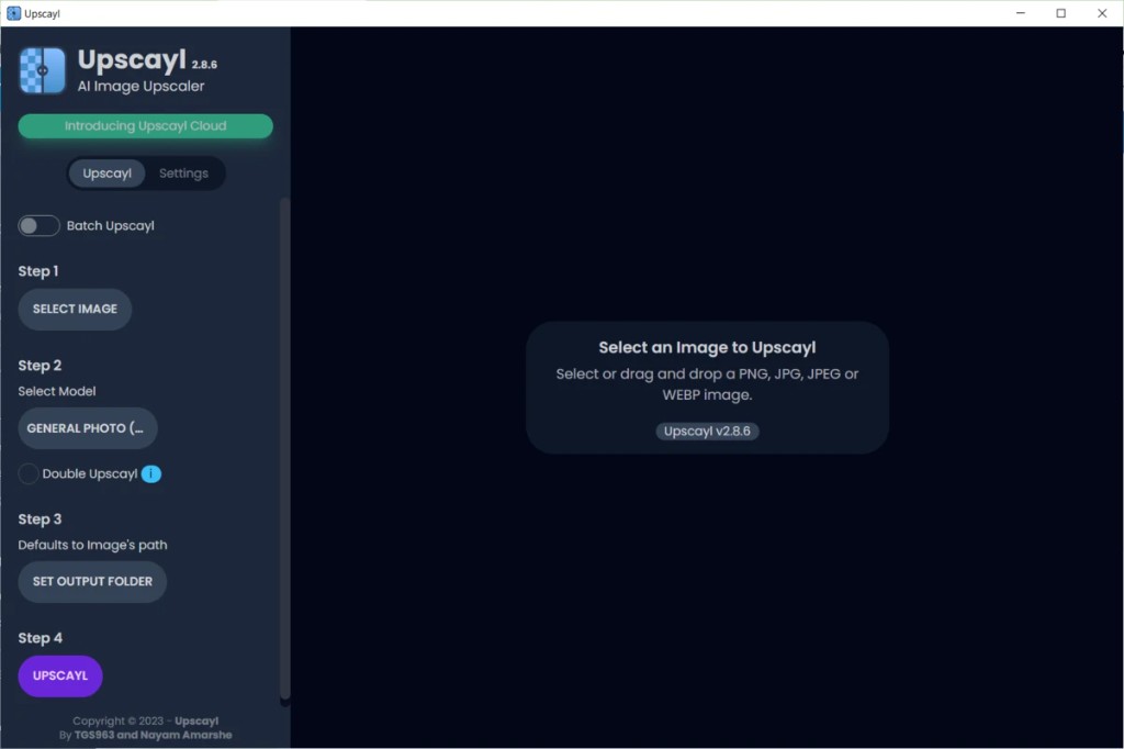 Upscayl desktop app showing the select image workflow with batch mode and model options