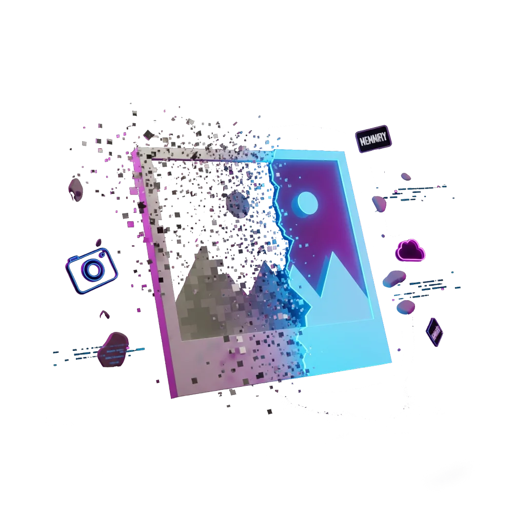 Before and after AI upscaling illustration showing pixelated image transforming into high resolution art